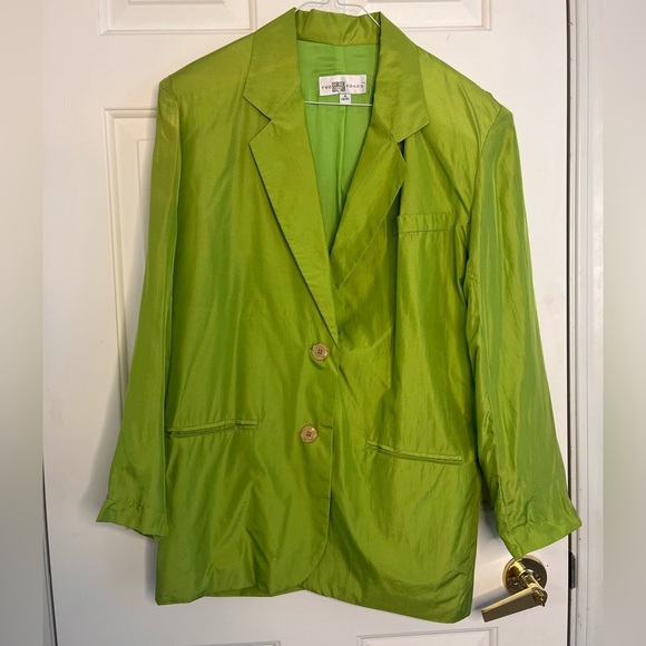 Vintage Silk Oversized 90s Y2K Lime Green Blazer S - Picture 3 of 12